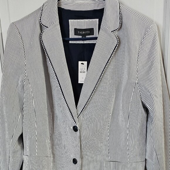 Women’s Talbots Cotton Blend 2 Button Navy Stripe Blazer Size 14 NWT - Picture 1 of 5